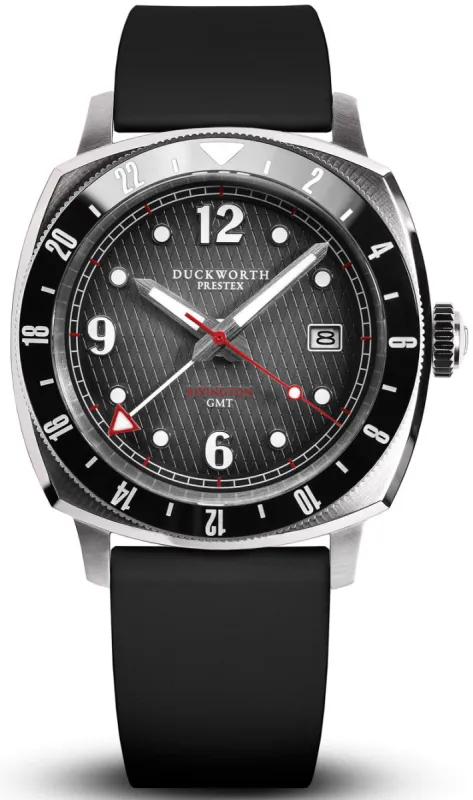 Duckworth Prestex Rivington GMT Black Grey Fume Black Rubber Watch made by C.W. Sellors