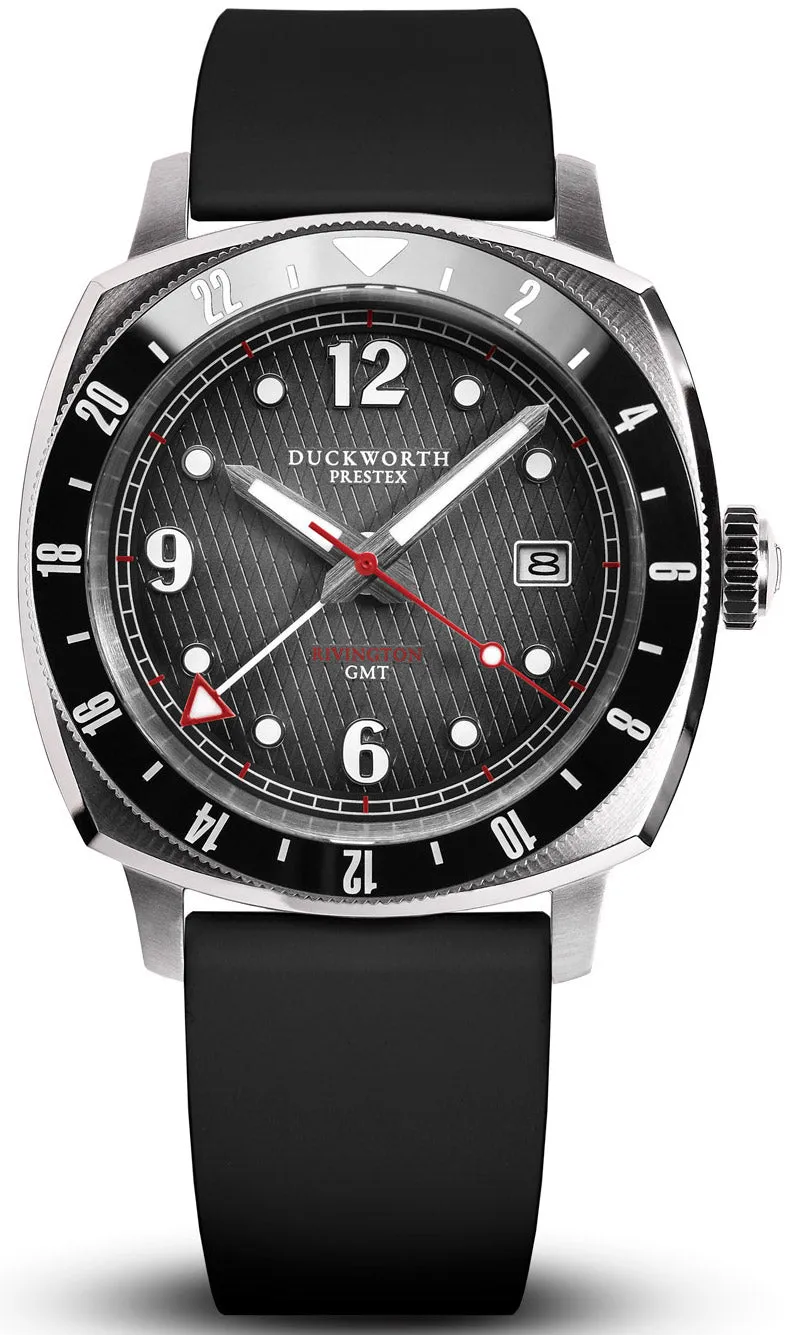 Duckworth Prestex Rivington GMT Black Grey Fume Black Rubber Watch sold by C.W. Sellors