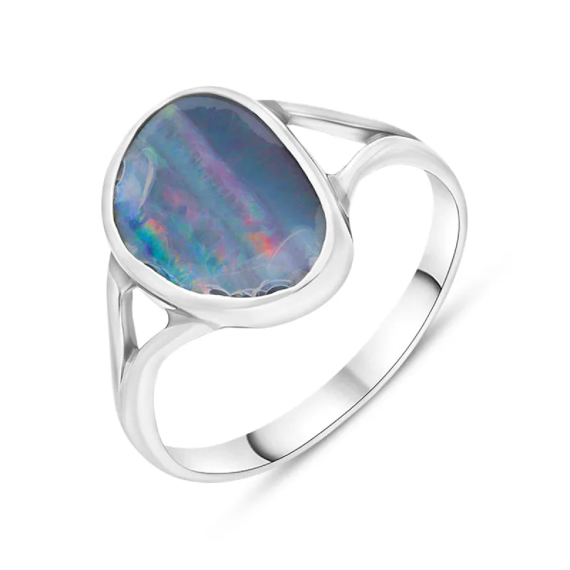 Sterling Silver Opal Doublet Abstract Split Shank Ring D sold by C.W. Sellors