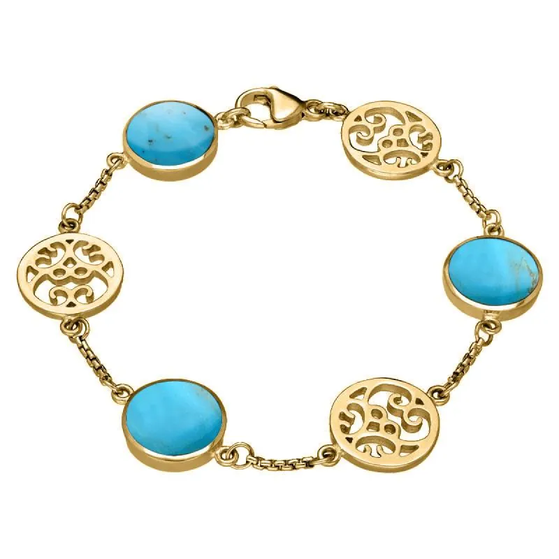 9ct Yellow Gold Turquoise Flore Filigree Bracelet sold by C.W. Sellors