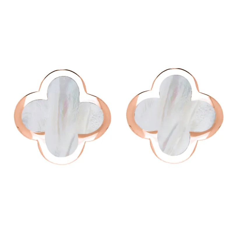 18ct Rose Gold White Mother of Pearl Bloom Four Leaf Clover Stud Earrings sold by C.W. Sellors