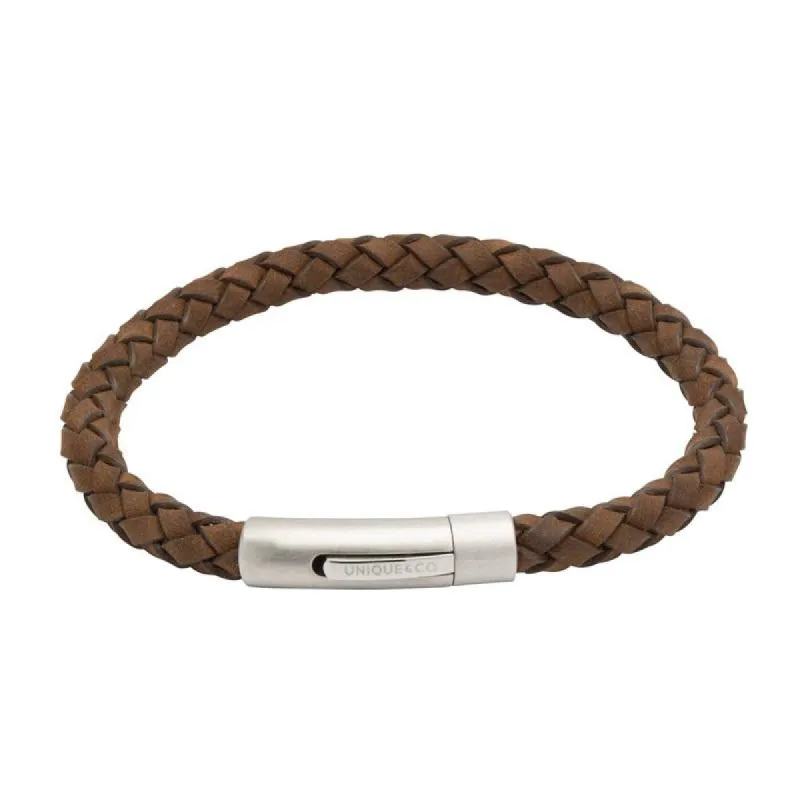 Unique & Co Matte Stainless Steel Dark Brown Leather Bracelet sold by C.W. Sellors