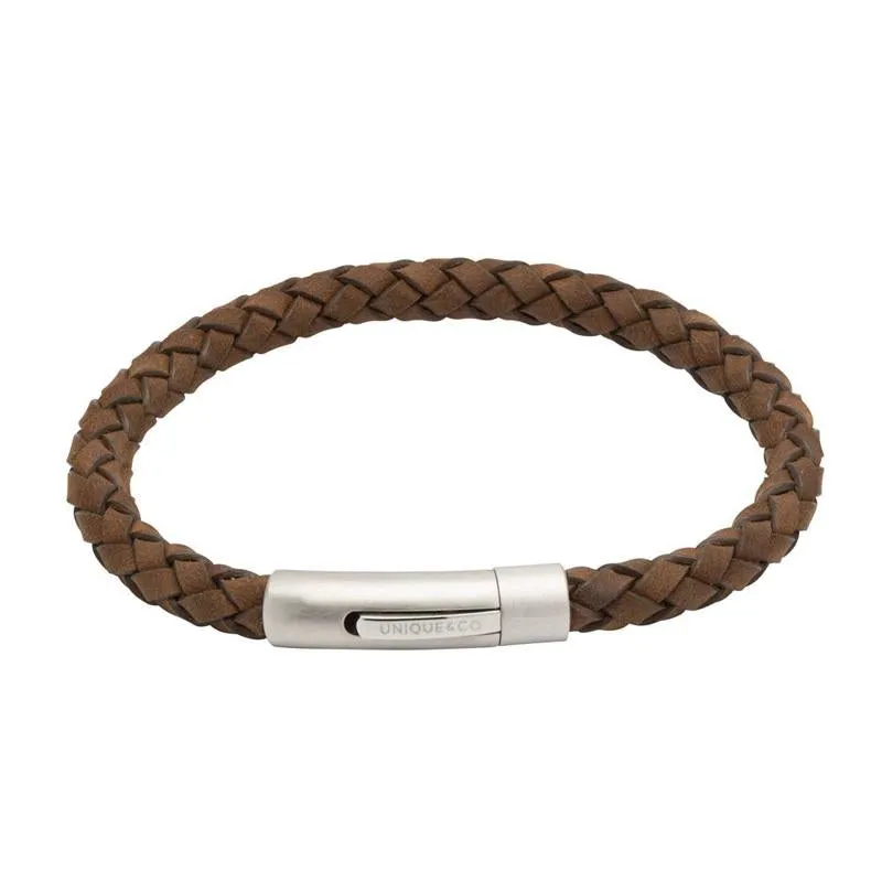 Unique & Co Matte Stainless Steel Dark Brown Leather Bracelet sold by C.W. Sellors