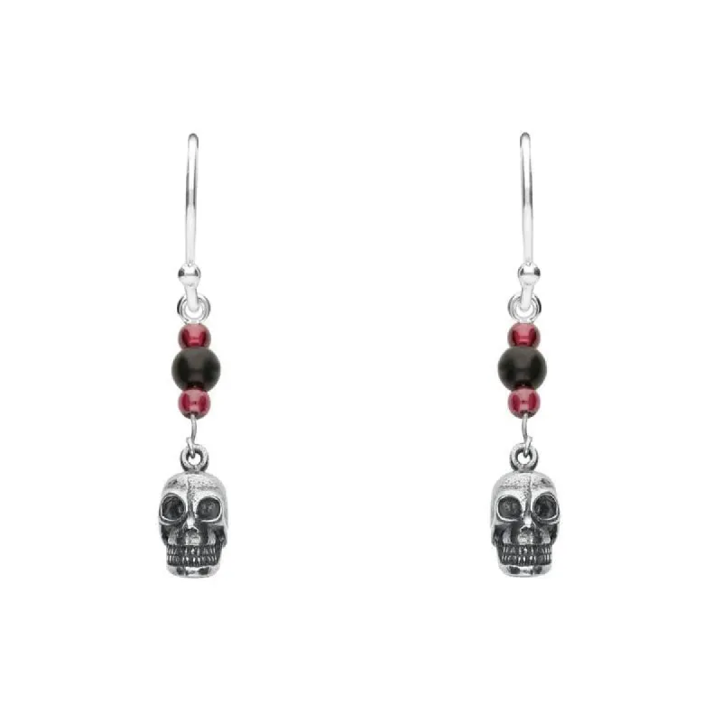 Sterling Silver Whitby Jet and Garnet Mini Skull 3 Stone Drop Earrings sold by C.W. Sellors
