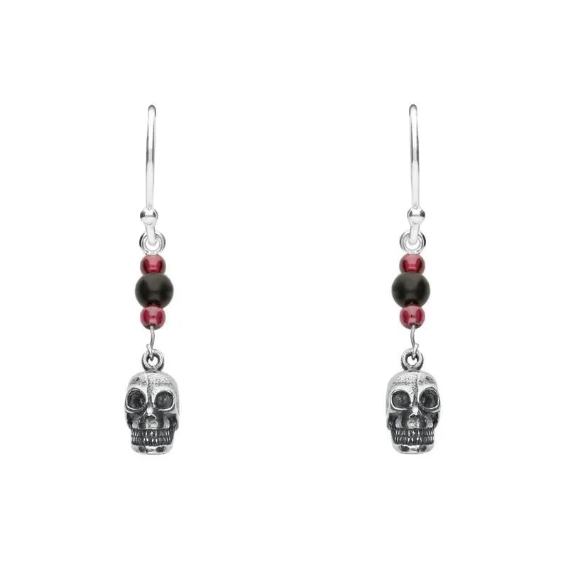 Sterling Silver Whitby Jet and Garnet Mini Skull 3 Stone Drop Earrings sold by C.W. Sellors