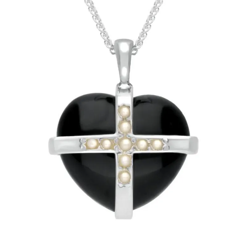 Sterling Silver Whitby Jet Nine Pearl Medium Cross Heart Necklace sold by C.W. Sellors