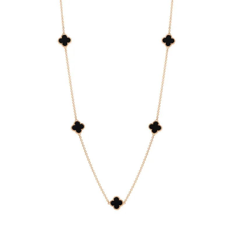 18ct Rose Gold Whitby Jet Bloom Four Leaf Clover Ball Edge Necklace sold by C.W. Sellors