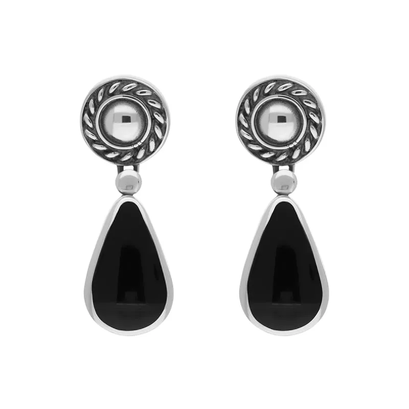 Sterling Silver Whitby Jet Rope Top Pear Drop Earrings sold by C.W. Sellors