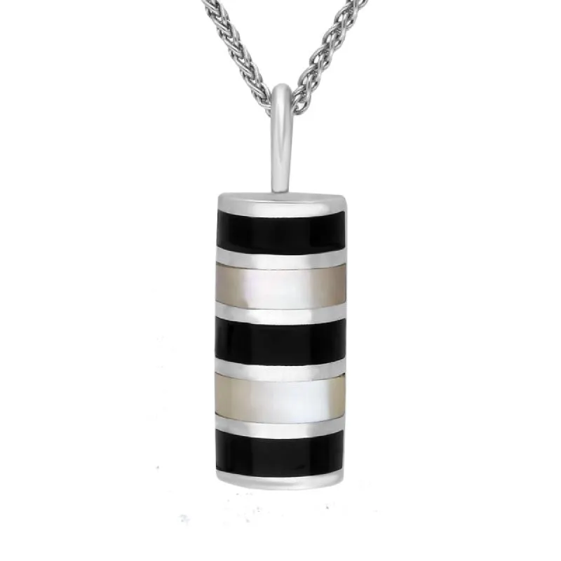 Sterling Silver Whitby Jet and Mother of Pearl Five Stone Half Tube Necklace sold by C.W. Sellors