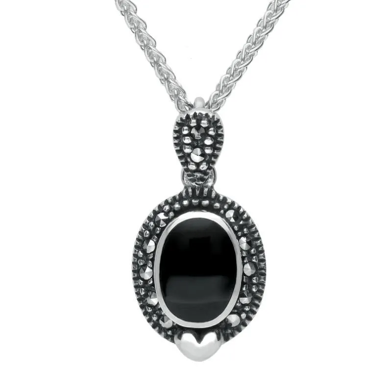 Sterling Silver Whitby Jet Marcasite Oval Framed Edged Necklace D sold by C.W. Sellors