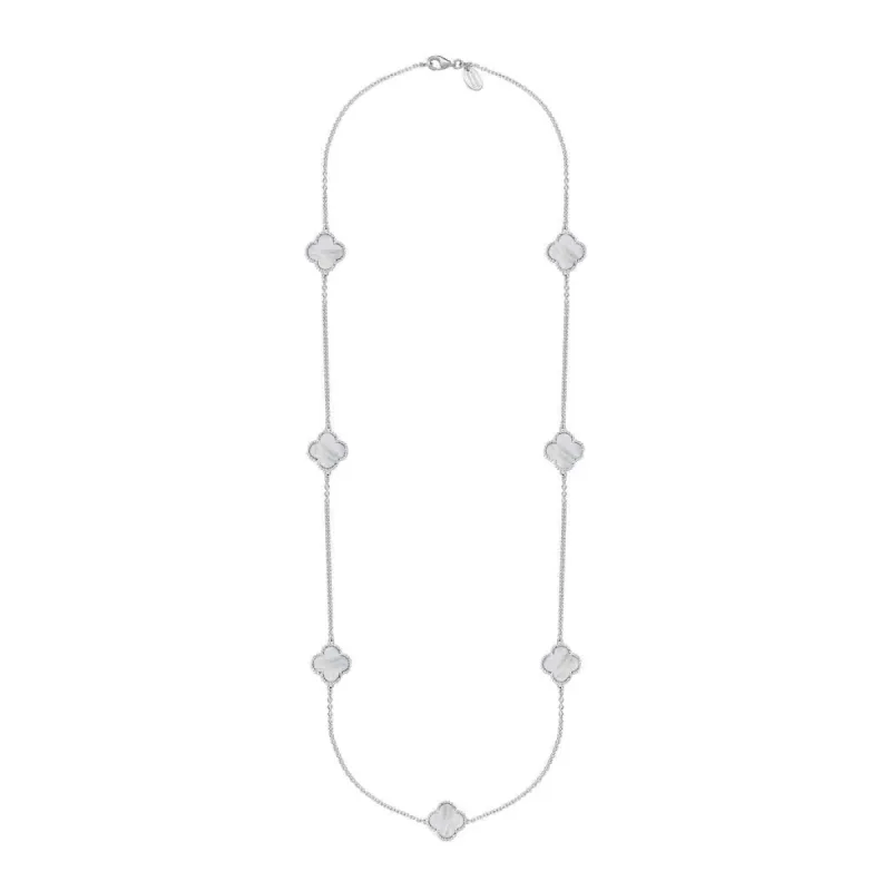 9ct White Gold White Mother of Pearl Bloom Four Leaf Clover Ball Edge Long Necklace sold by C.W. Sellors