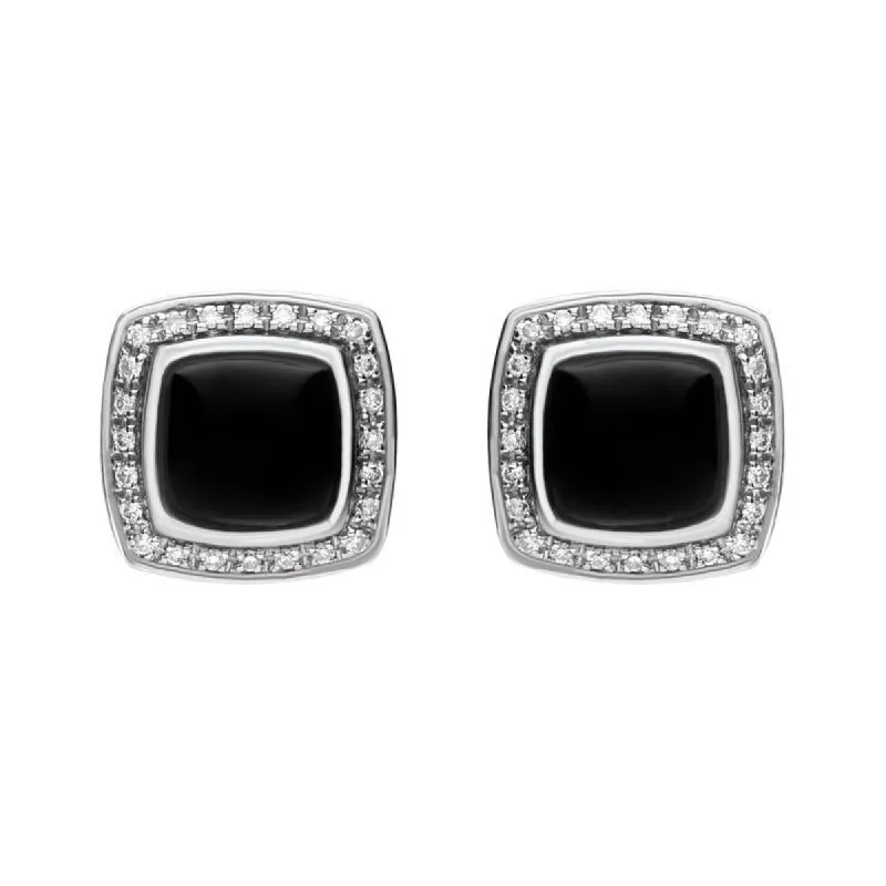 18ct White Gold Whitby Jet 0.18ct Diamond Square Stud Earrings D sold by C.W. Sellors