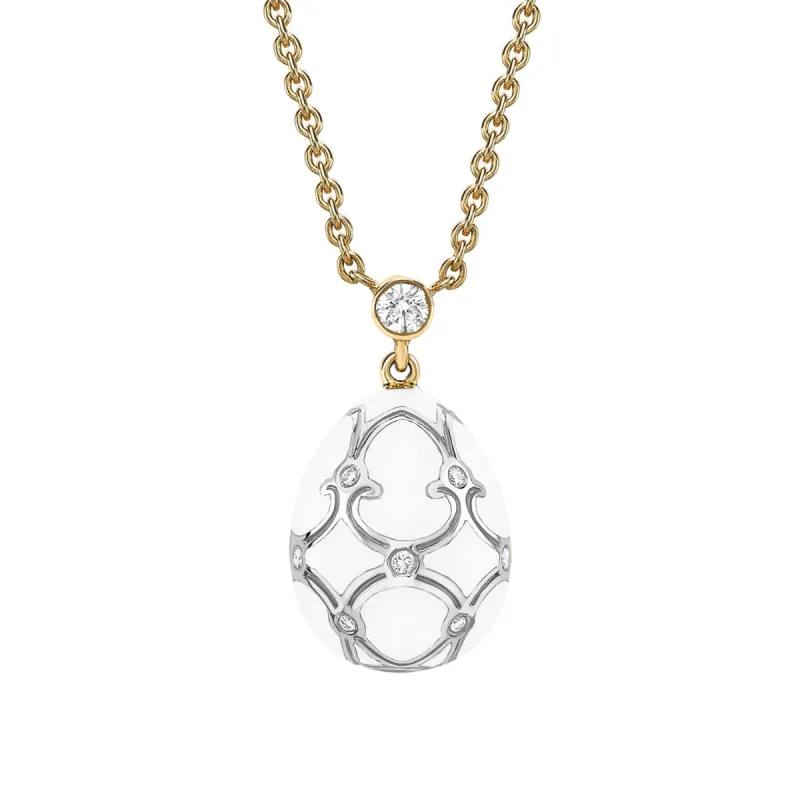 Faberge Heritage Yellow & White Gold Diamond & White Guilloché Enamel Petite Egg Pendant sold by C.W. Sellors