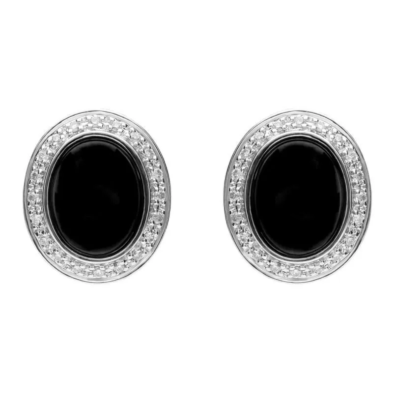 18ct White Gold Whitby Jet 0.15ct Diamond Oval Stud Earrings sold by C.W. Sellors