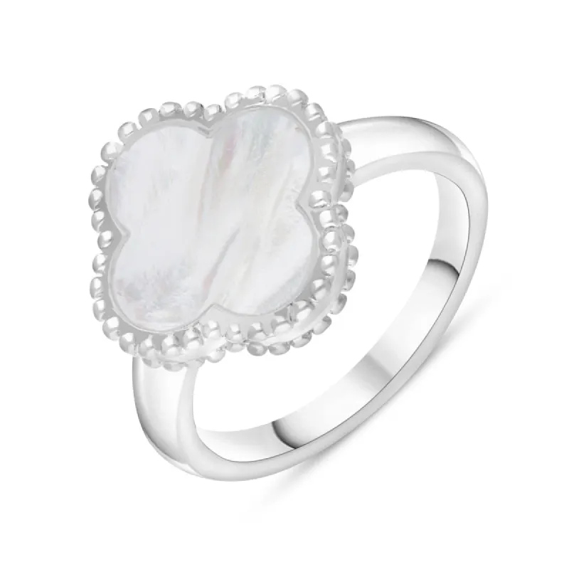 Sterling Silver White Mother of Pearl Bloom Four Leaf Clover Ball Edge Ring sold by C.W. Sellors