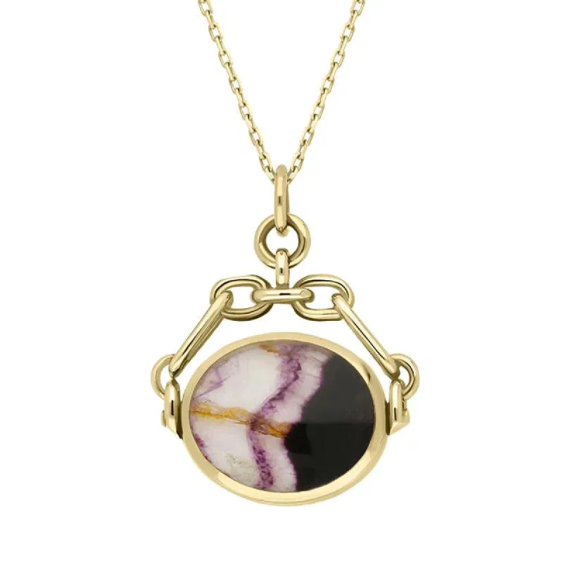 9ct Yellow Gold Whitby Jet Blue John Double Sided Swivel Fob Necklace sold by C.W. Sellors