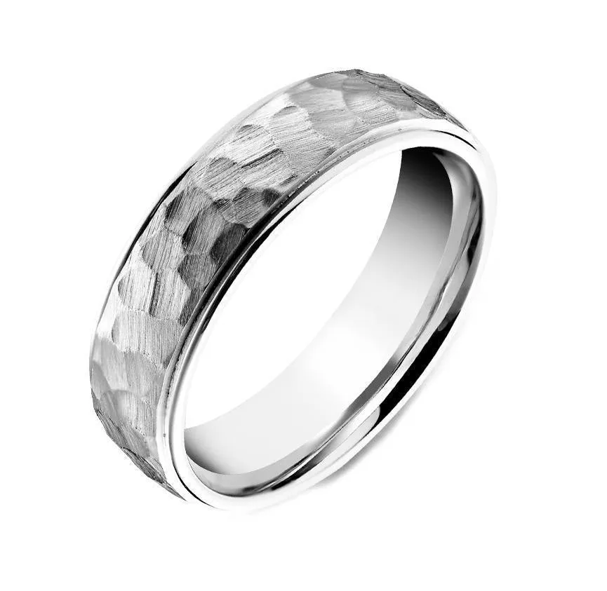Platinum Satin Hammered 5mm Wedding Band sold by C.W. Sellors