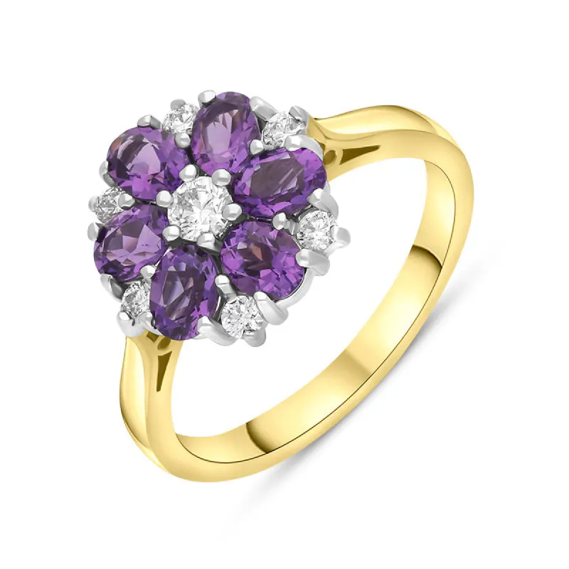 18ct Yellow Gold 0.96ct Amethyst Diamond Cluster Oval Cut Ring sold by C.W. Sellors