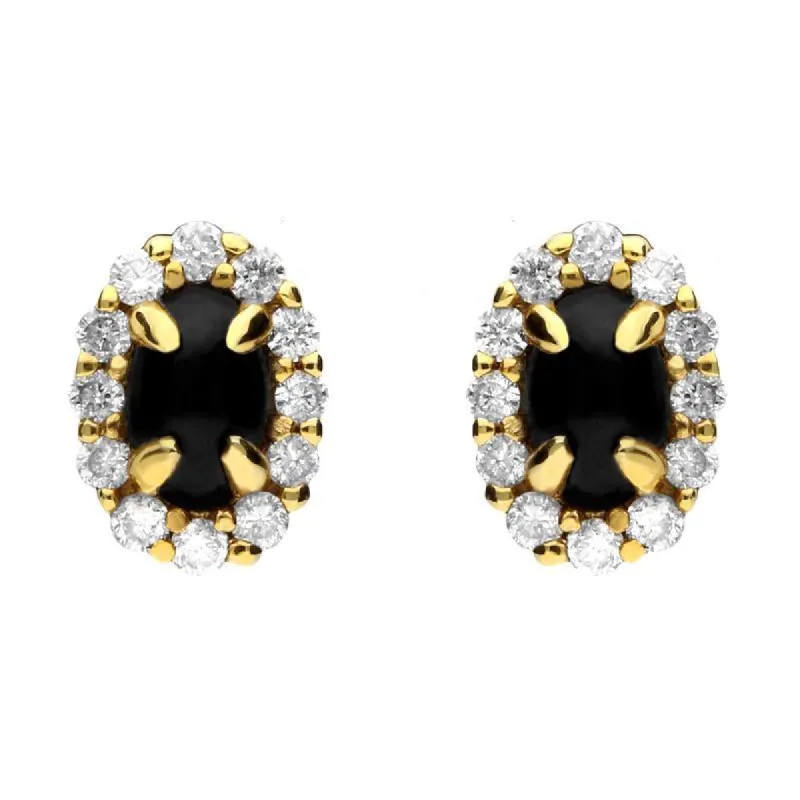 18ct Yellow Gold Whitby Jet 0.23ct Diamond Oval Earrings D sold by C.W. Sellors
