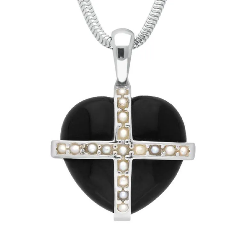Sterling Silver Whitby Jet Seventeen Pearl Medium Cross Heart Necklace sold by C.W. Sellors