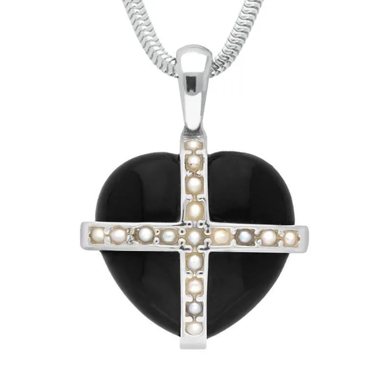 Sterling Silver Whitby Jet Seventeen Pearl Medium Cross Heart Necklace sold by C.W. Sellors