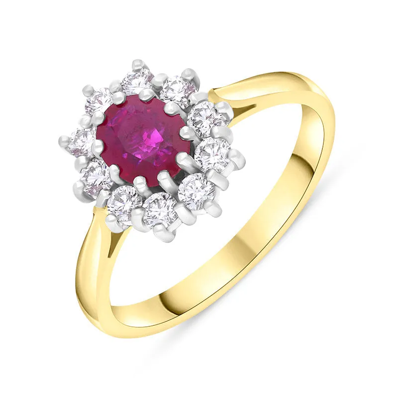 18ct Yellow Gold Ruby Diamond Oval Cut Cluster Ring sold by C.W. Sellors