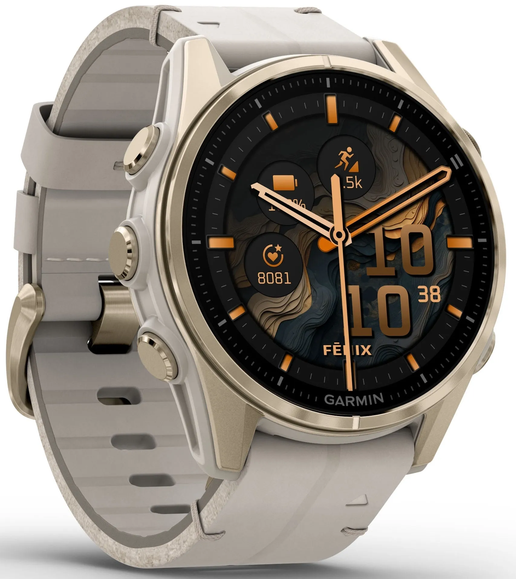 Garmin Fenix 8 43mm Sapphire AMOLED Soft Gold Limestone Leather Watch sold by C.W. Sellors product image thumbnail 3