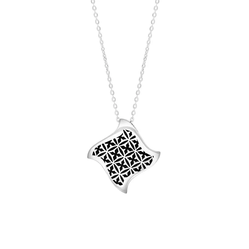 Sterling Silver Whitby Jet Reversible Gothic Filigree Square Pendant Necklace sold by C.W. Sellors