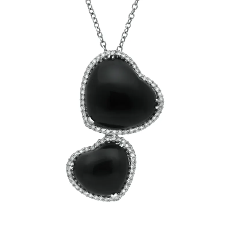 18ct White Gold Whitby Jet 0.53ct Diamond Double Heart Necklace D sold by C.W. Sellors
