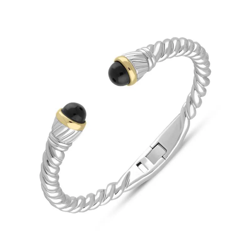 Sterling Silver Whitby Jet Bead Hinged Torc Twist Bangle sold by C.W. Sellors