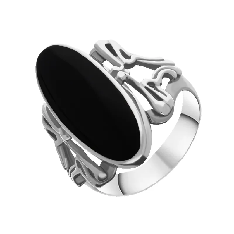Sterling Silver Whitby Jet  Oval Carved Edge Ring sold by C.W. Sellors