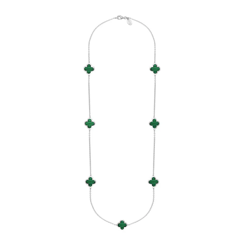9ct White Gold Malachite Bloom Four Leaf Clover Long Necklace sold by C.W. Sellors