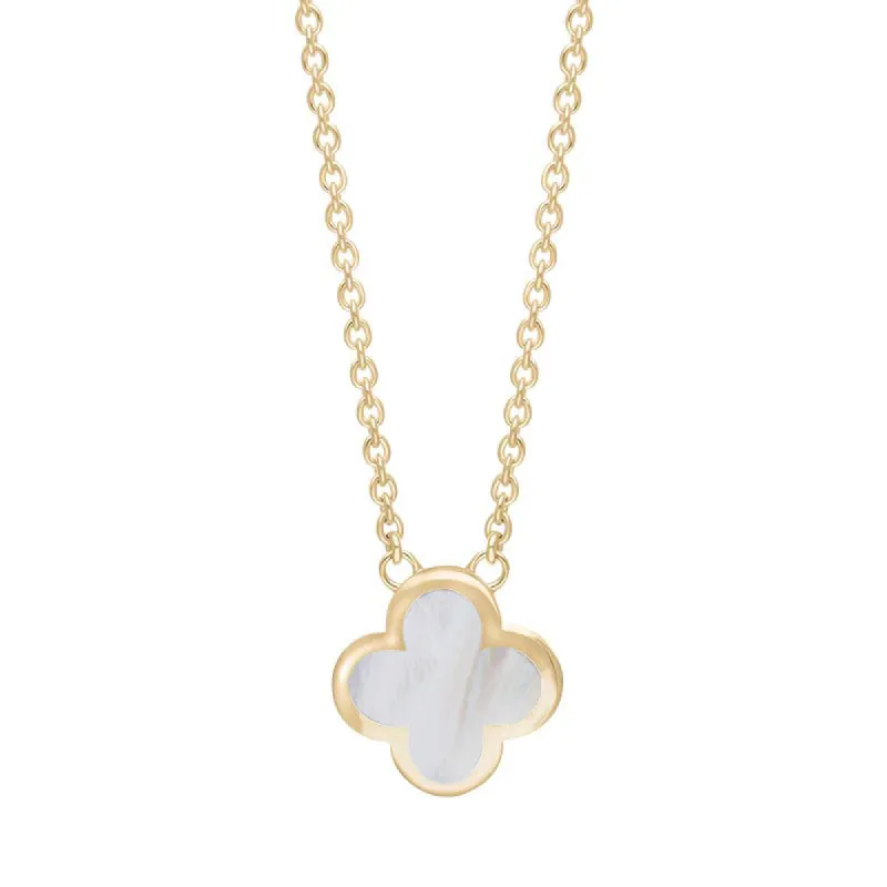 9ct Yellow Gold White Mother of Pearl Bloom Small Four Leaf Clover Polished Edge Pendant sold by C.W. Sellors