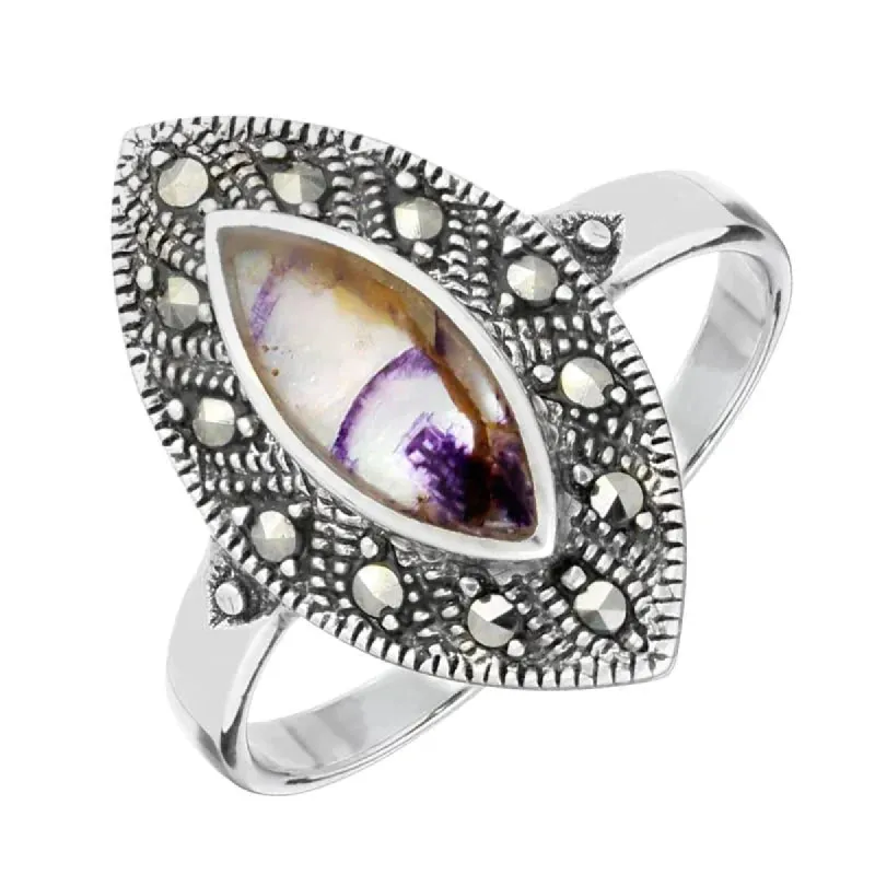 Sterling Silver Blue John Marcasite Marquise Beaded Edge Ring sold by C.W. Sellors