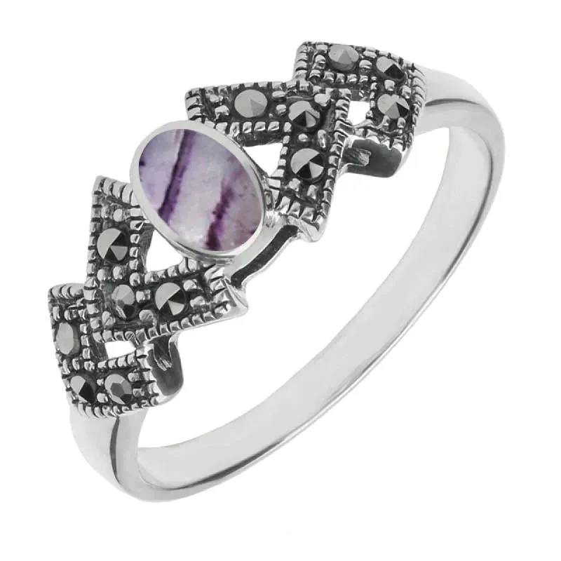 Sterling Silver Blue John Marcasite Oval Triangle Ring sold by C.W. Sellors