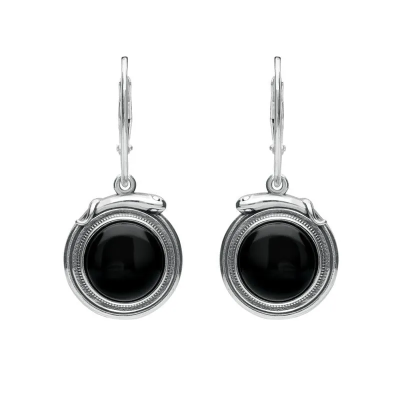 Sterling Silver Whitby Jet Small Round Snake Edge Hook Drop Earrings sold by C.W. Sellors