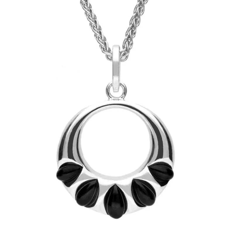 Sterling Silver Whitby Jet Five Stone Open Circle Necklace sold by C.W. Sellors