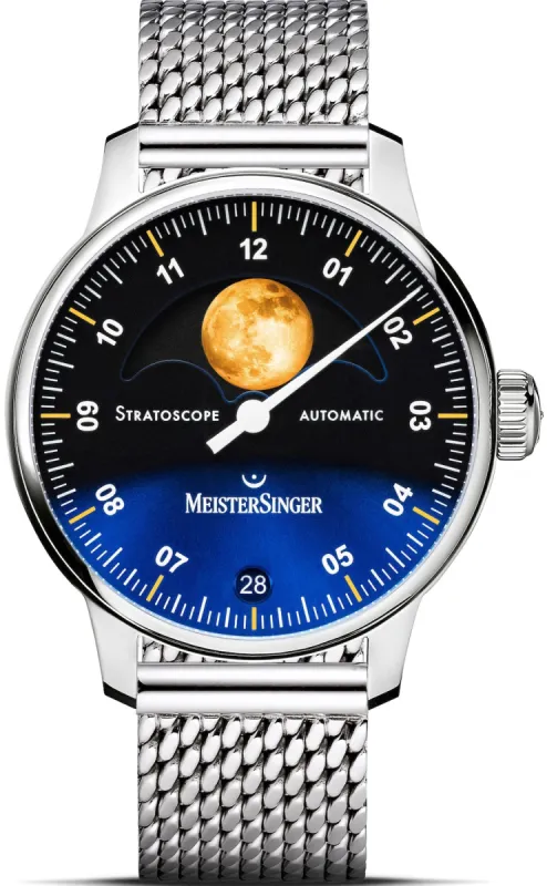 MeisterSinger Stratoscope Golden Moon Milanaise Bracelet Watch sold by C.W. Sellors
