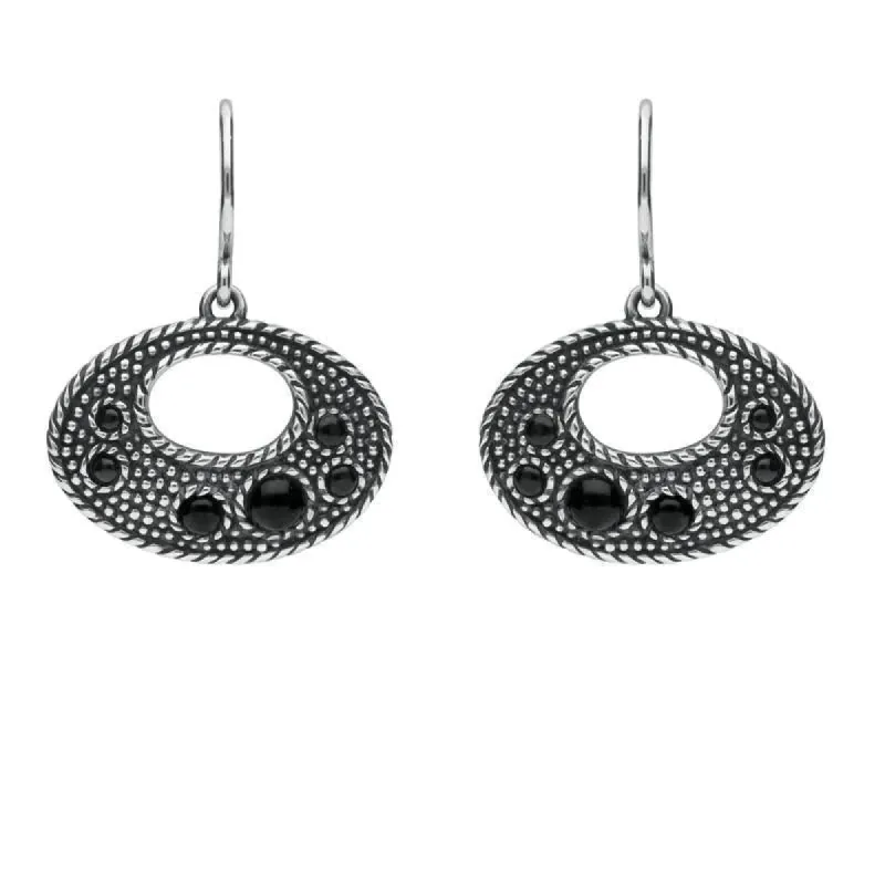 Sterling Silver Whitby Jet 6 Stone Open Oval Oxi Drop Earrings sold by C.W. Sellors