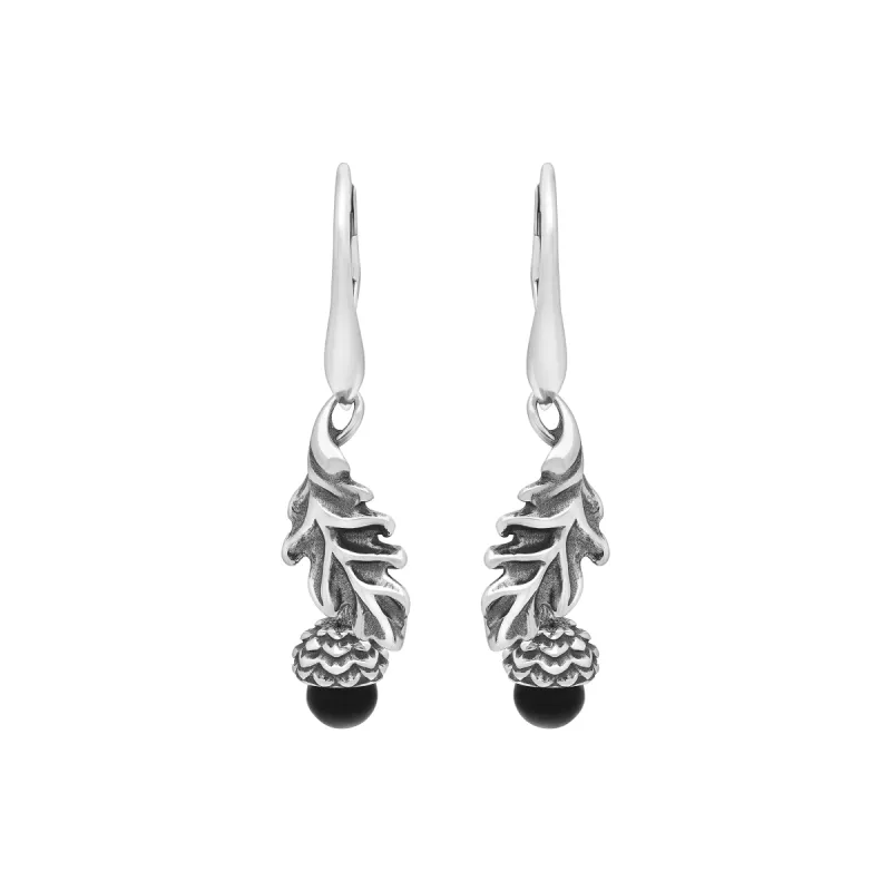 Sterling Silver Whitby Jet Acorn Leaf Hook Earrings made by C.W. Sellors
