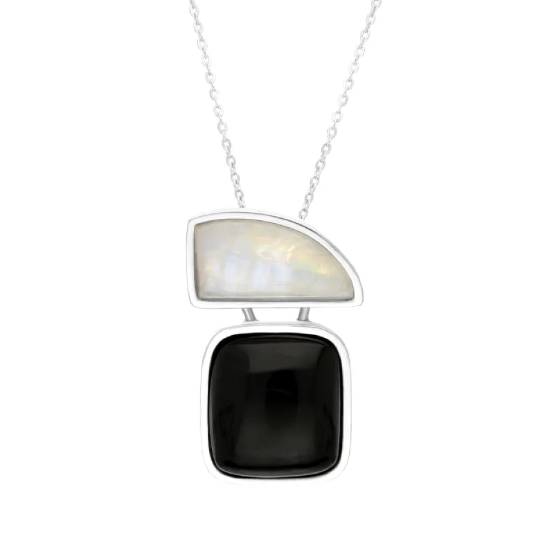 Sterling Silver Whitby Jet Moonstone Sail Cushion Two Stone Necklace sold by C.W. Sellors