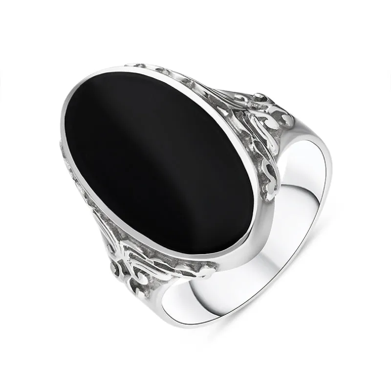 Sterling Silver Whitby Jet Oval Carved Side Ring sold by C.W. Sellors