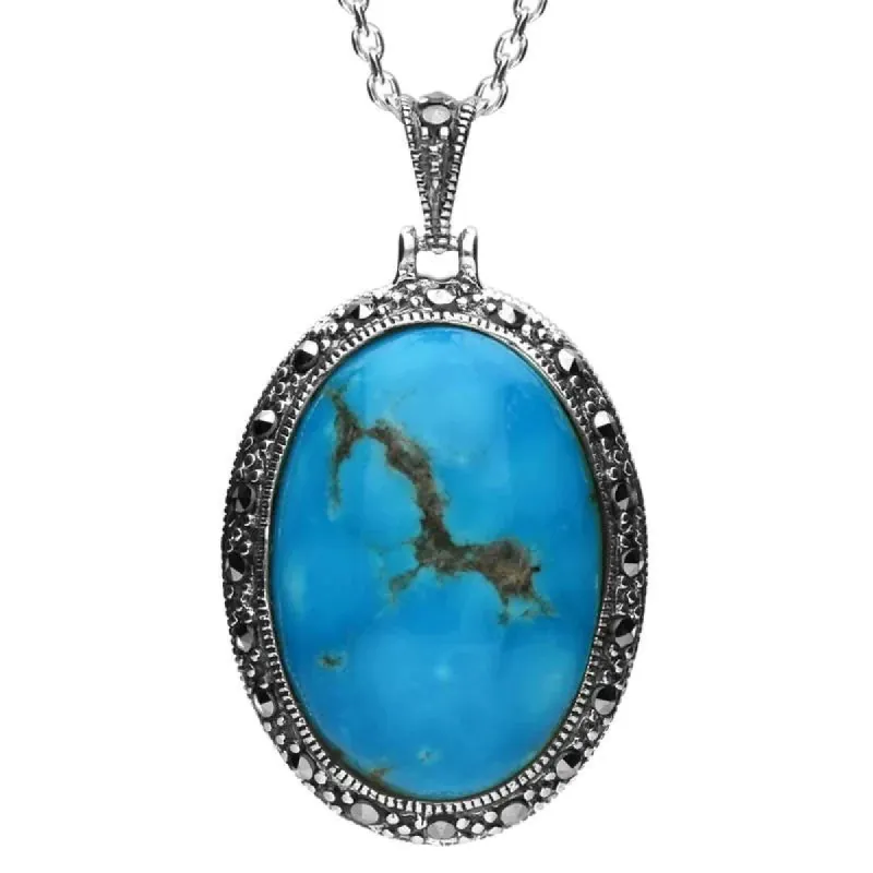 Sterling Silver Turquoise Marcasite Star Back Oval Pendant Necklace sold by C.W. Sellors