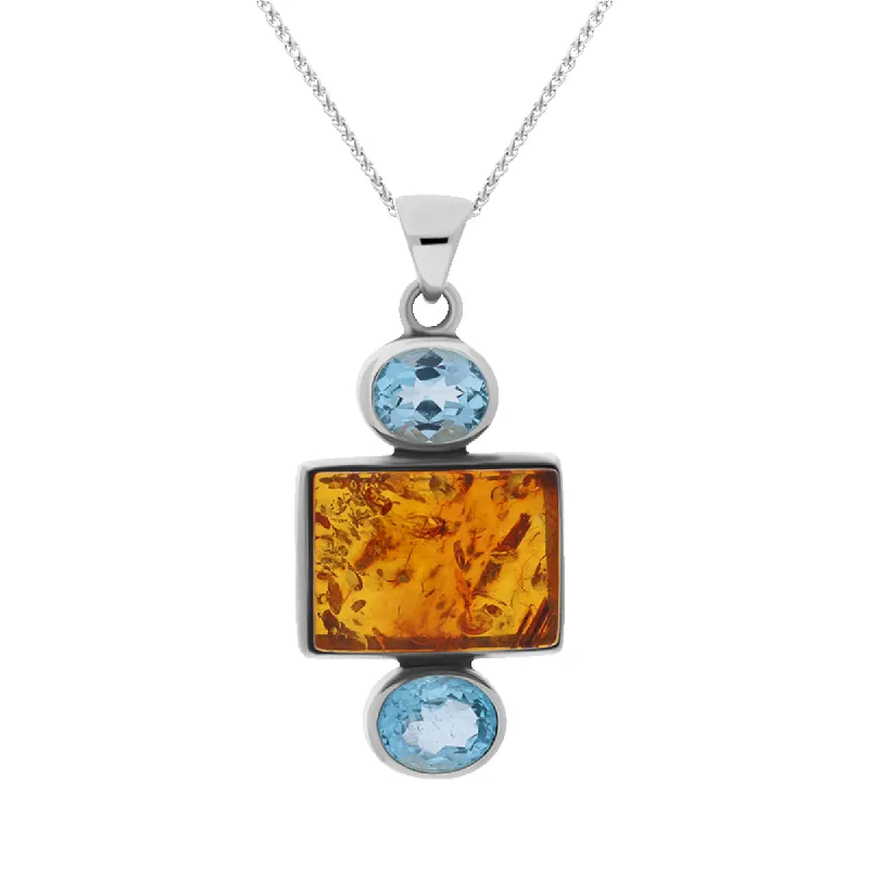 Sterling Silver Amber Blue Topaz Oval Oblong Three Stone Drop Necklace D sold by C.W. Sellors
