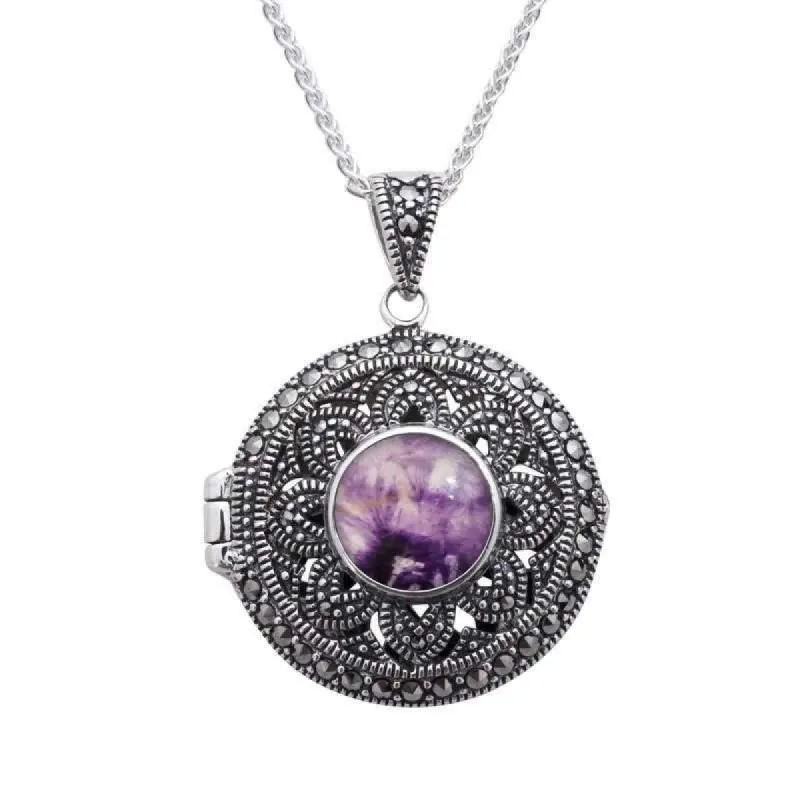 Sterling Silver Blue John Marcasite Round Floral Locket Necklace sold by C.W. Sellors