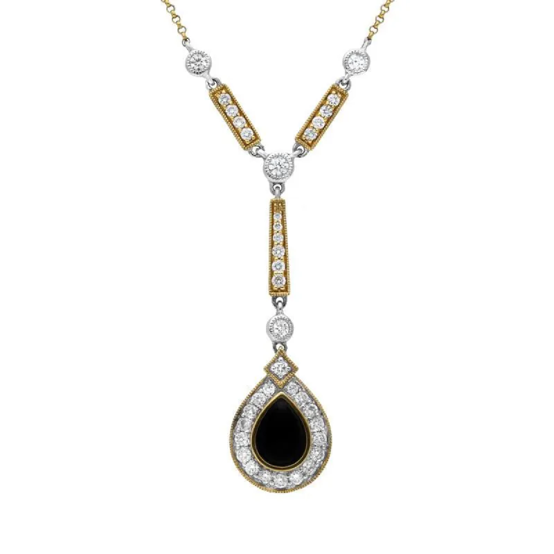 18ct White and Yellow Gold Whitby Jet 0.73ct Diamond Pear Drop Necklace made by C.W. Sellors