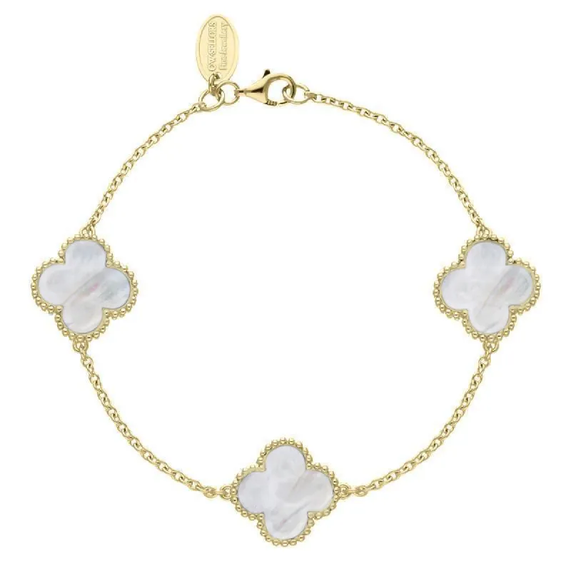 9ct Yellow Gold White Mother of Pearl Bloom Four Leaf Clover Ball Edge Chain Bracelet sold by C.W. Sellors