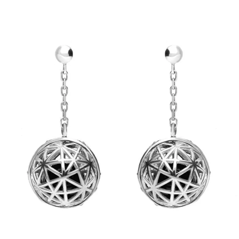 Sterling Silver Whitby Jet and Marcasite Sphere Cage Drop Earrings sold by C.W. Sellors