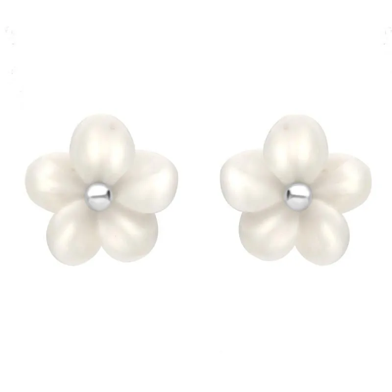 Sterling Silver White Agate Large Tuberose 10mm Pansy Stud Earrings sold by C.W. Sellors