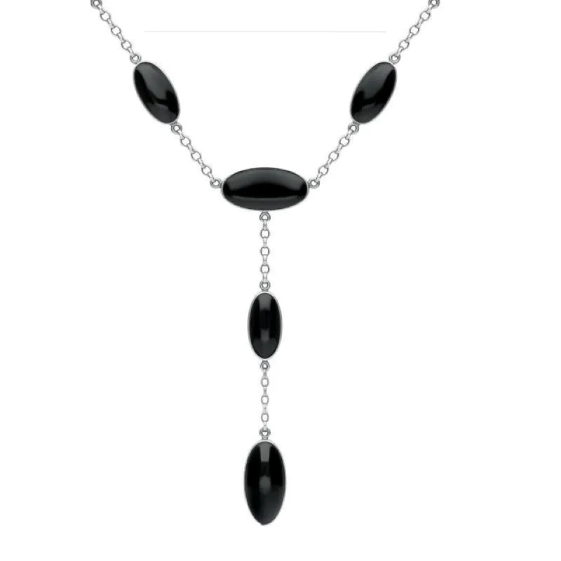 Sterling Silver Whitby Jet Long Oval Dropper Necklace sold by C.W. Sellors